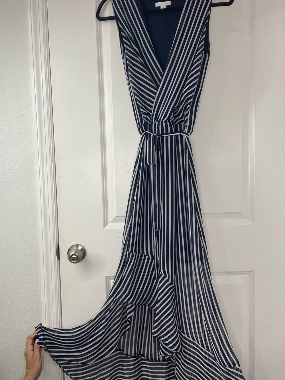 New York & Company Navy White Striped High-Low Maxi Dress XS